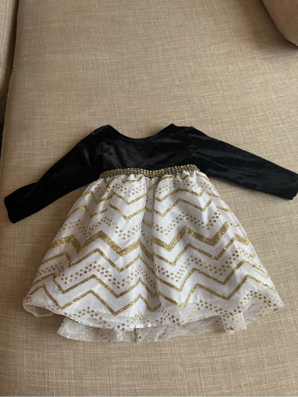Youngland Black Velvet and White Dress with Gold Chevron Sparkle